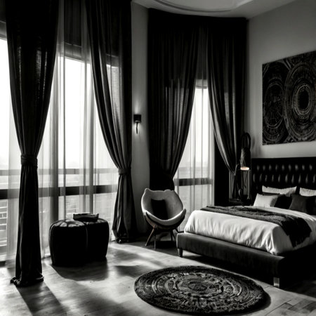 Luxury hotel bedroom interior in black and white with large windowの写真素材
