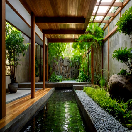 Beautiful garden design in the house with green plants and pond.の写真素材