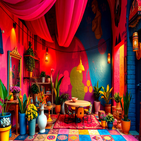 Interior of a restaurant with colorful walls and decorated with flowers.の写真素材