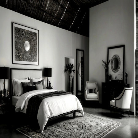 Interior of a hotel bedroom in black and white, Thailand.の写真素材