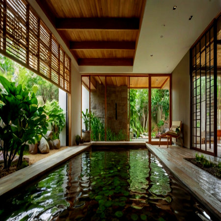 Swimming pool in luxury villa in tropical garden. Nobody inside