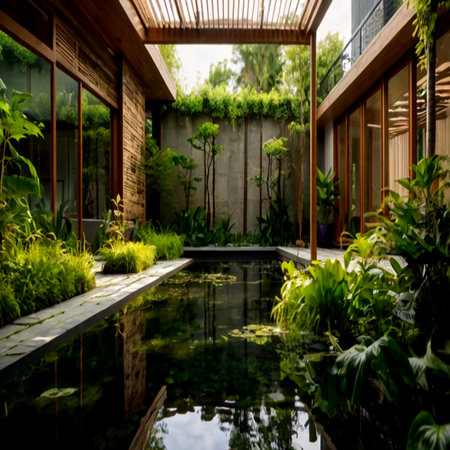 Luxury villa garden with swimming pool and green plants.