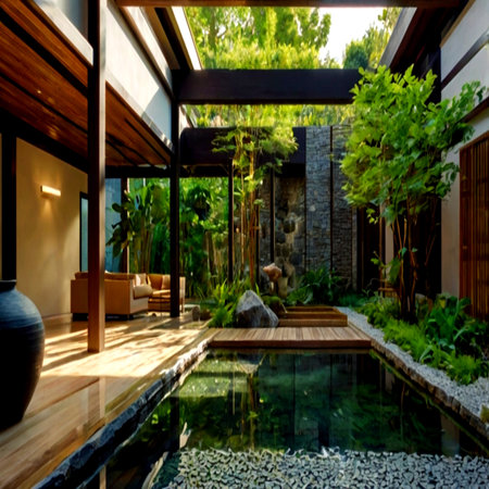 Modern villa with swimming pool and terrace in the garden.の写真素材