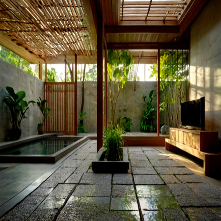 Interior of a villa with swimming pool and tropical plants.