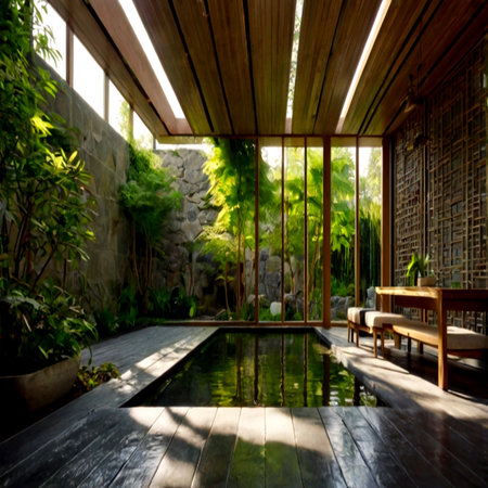 Luxury wooden terrace with swimming pool in tropical garden.の写真素材