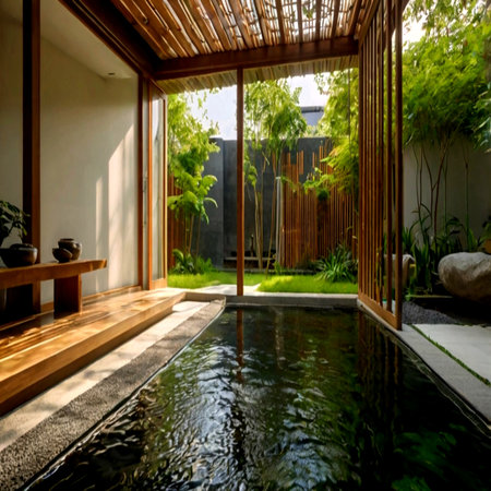 Swimming pool in the garden with wooden planks and green plantsの写真素材