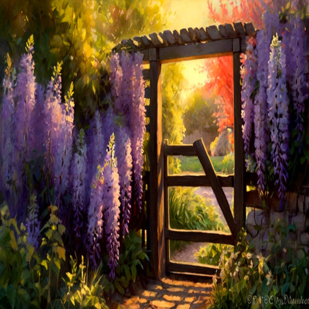 Painting of purple wisteria flowers in the garden at sunsetの写真素材