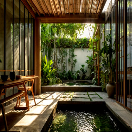 Tropical garden with swimming pool in the morning, Thailand.の写真素材