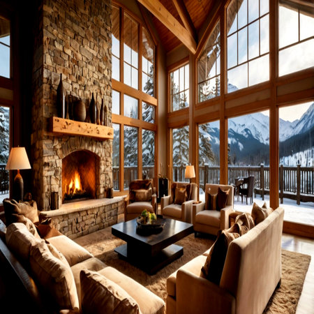 Luxury modern living room with fireplace and mountain view. Nobody insideの写真素材