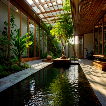 Beautiful garden design in the Japanese style with a wooden floor.の写真素材