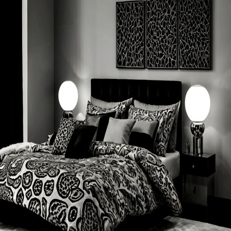 Black and white bedroom interior design with black and white patterned beddingの写真素材