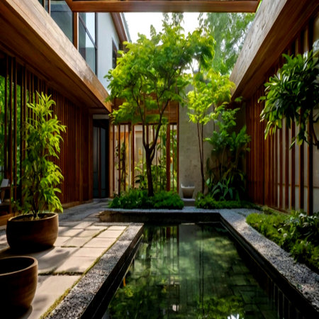 Modern house with swimming pool and green gardenの写真素材