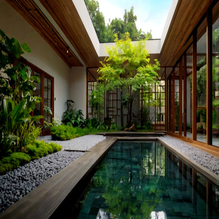 Swimming pool in a modern house with a beautiful garden. Nobody insideの写真素材