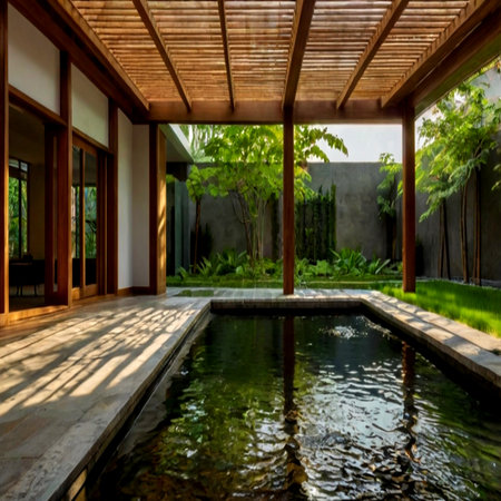Modern villa swimming pool in a tropical garden. Nobody inside.の写真素材