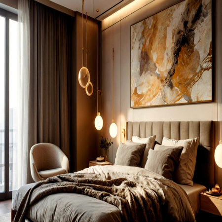 A bedroom with modern interior design, featuring a large bed, pillows, and a chair.の写真素材