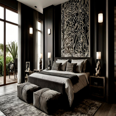 Luxury bedroom with black walls, wooden floor, gray master bed with pillows and a set of bedside tables. 3d renderingの写真素材