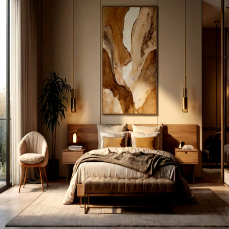 Luxury bedroom interior with wooden bed, armchair and wall paintingの写真素材
