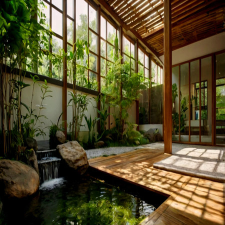 Tropical garden in a house with a waterfall and plants.の写真素材