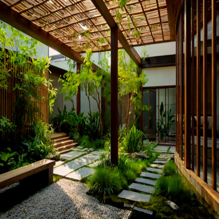 Modern villa with wooden floor and green plantsの写真素材