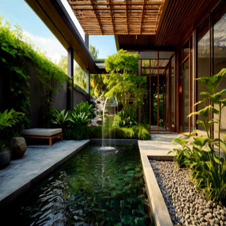 Swimming pool in modern villa with view on tropical garden.の写真素材