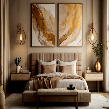 Stylish bedroom interior with beige walls, wooden floor, beige master bed with beige pillows and golden paintings.の写真素材