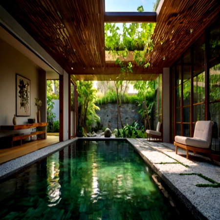 Swimming pool in a villa with a view of the gardenの写真素材