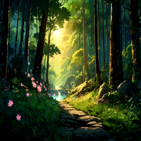 Sunset in the forest. Digital painting of a beautiful landscape.の写真素材