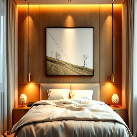 Luxury bedroom interior with wooden bed and poster. 3d renderの写真素材