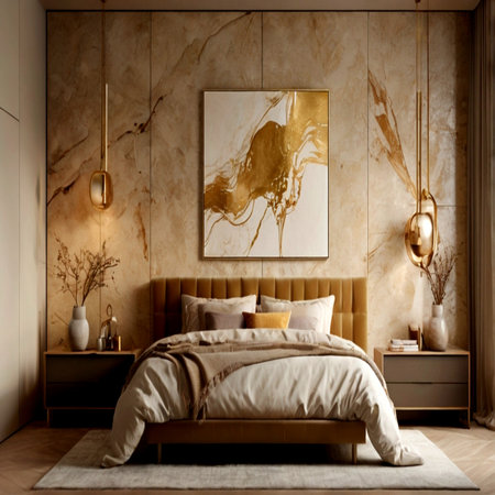 Modern bedroom interior with beige walls, wooden floor, beige master bed with beige pillows, beige...