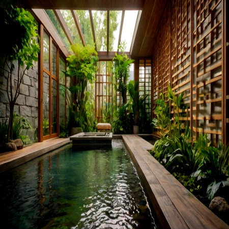 Swimming pool in the garden. View from inside the house.の写真素材