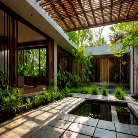 Modern villa in tropical garden. Exterior of a villaの写真素材