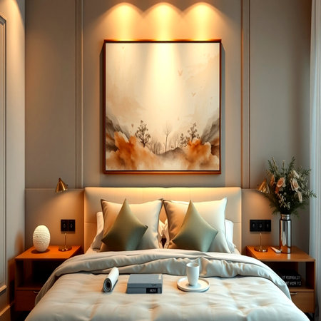 Interior of a hotel bedroom with a bed and a poster. 3d renderの写真素材
