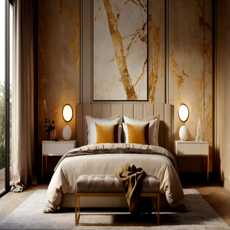 Luxury bedroom with beige walls, carpeted floor, big comfortable bed with yellow pillows and round mirror. 3d renderingの写真素材