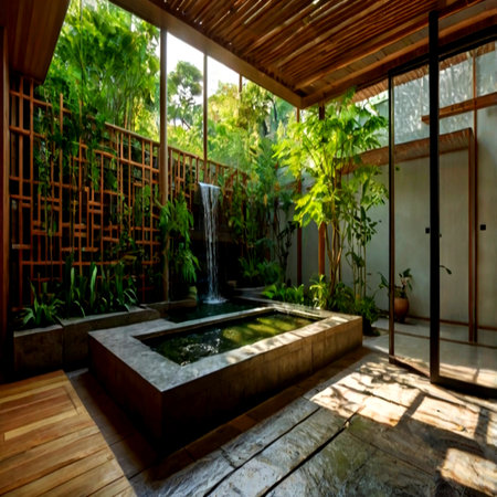 Outdoor swimming pool in a garden. The concept of relaxation.の写真素材