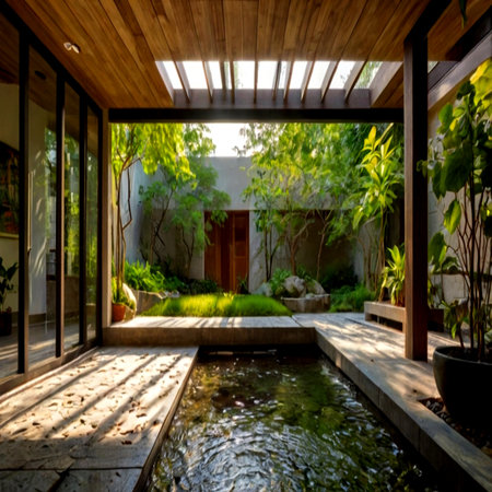 Private villa with a swimming pool and wooden wallsの写真素材