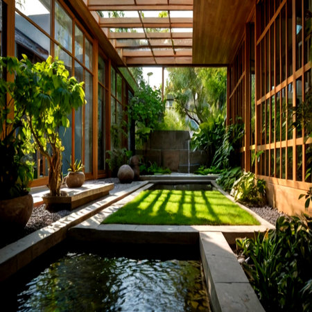 Garden of a private house in the tropics with a pondの写真素材
