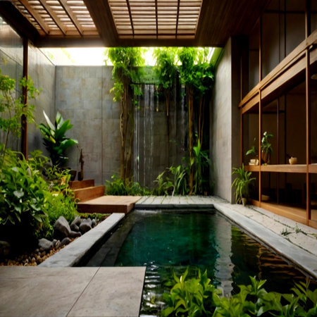 luxury swimming pool in the hotel with green plants and trees aroundの写真素材