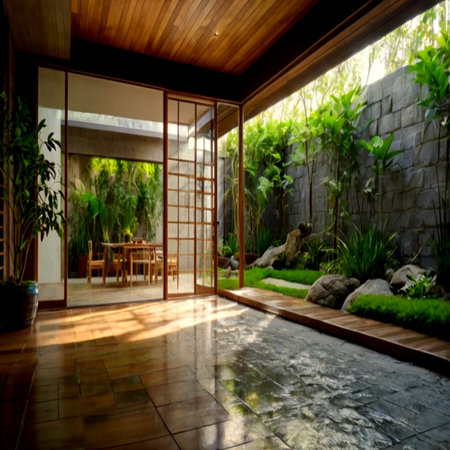 interior of a modern villa with garden view in the morningの写真素材