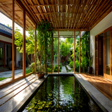 Interior of a villa with swimming pool in a tropical gardenの写真素材