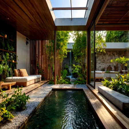 Swimming pool in luxury villa with swimming pool in tropical gardenの写真素材