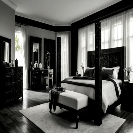 Luxury bedroom interior in black and white tone. Nobody insideの写真素材