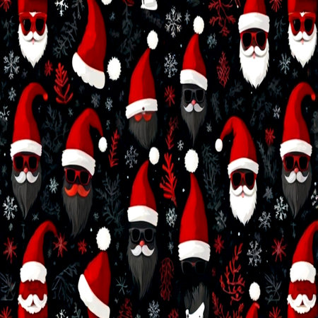 Christmas seamless pattern with Santa Claus hat, beard and sunglasses on black backgroundの写真素材
