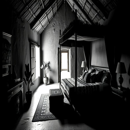 3d rendering of a hotel room interior in black and white.の写真素材