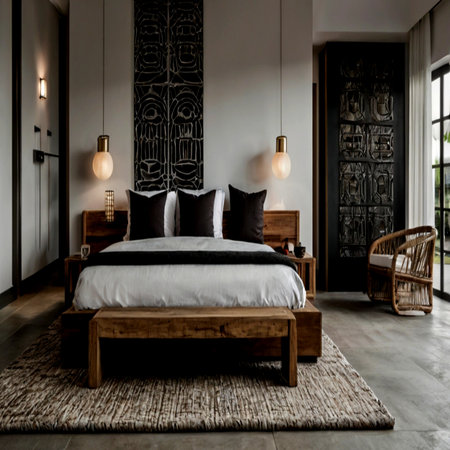 Luxury bedroom interior design with wooden bed and pillows.の写真素材