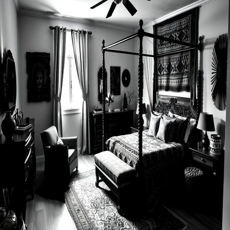 Interior of a luxury hotel bedroom. Black and white photo.の写真素材