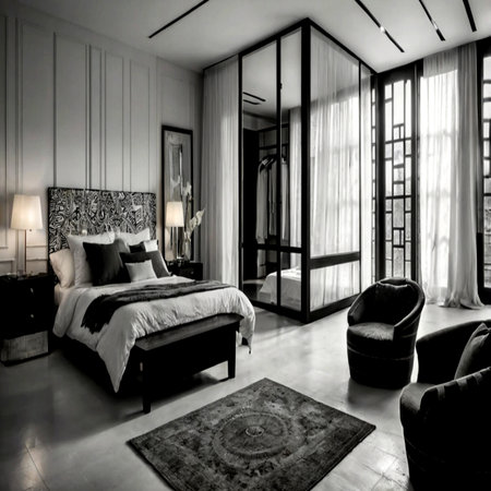 Luxury bedroom interior in black and white tone. Black and white toneの写真素材