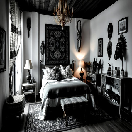 Luxury bedroom interior in black and white. Bedroom with antique furniture.の写真素材