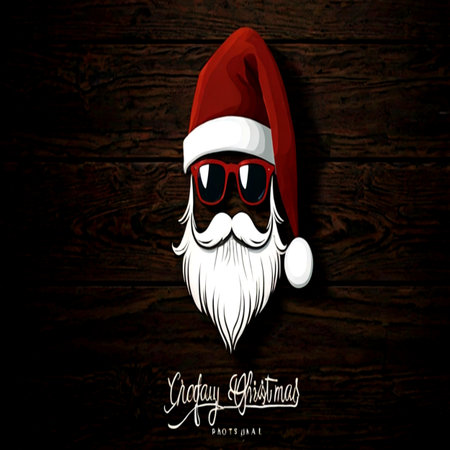 vector Santa Claus head with sunglasses and beard on wooden background. Merry Christmas and Happy New Year.の写真素材