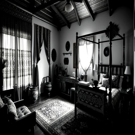 Interior of a luxury hotel room. Black and white photo.の写真素材