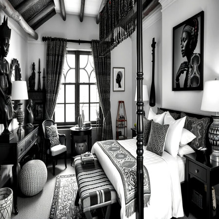Interior of a classic bedroom in black and white. 3d renderの写真素材